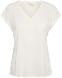 Kaffe - Tops ,Wit ,Polyester Klassieke V-Hals T-Shirt Top Krijt - Lyst