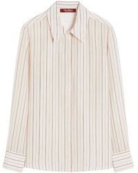 Max Mara - Overhemden ,Wit ,Leer Gestreepte Zijden Blouse - Lyst