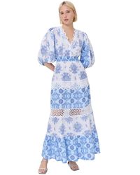 Windsor. - Kleedjes ,Blauw ,Linnen Blauwe Bloemen Linnen Maxi Jurk - Lyst