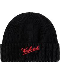 Woolrich - Accessoires ,Zwart ,Wol Wollen Muts Met Logo - Lyst