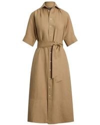 Polo Ralph Lauren - Kleedjes ,Bruin ,Linnen Belted Button-Up Shirt Dress - Lyst