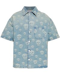 McQueen - Overhemden ,Blauw ,Denim Denim Overhemd Met Een Opvallend Schedelmotief - Lyst