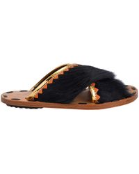 Marni - Luxuriöse flache sandalen aus braunem leder und schwarzem pelz - Lyst