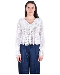 Michael Kors - Overhemden ,Wit ,Katoen Gebloemde Kanten Blouse Met Koord En V-Hals - Lyst