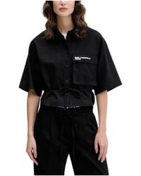 KARL LAGERFELD - Overhemden ,Zwart ,Katoen Korte Mouw Cropped Blouse Met Strikceintuur En Zakken - Lyst