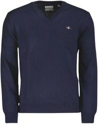 GANT - Truien & Vesten ,Blauw ,Katoen Katoen Wol V-Hals Trui - Lyst