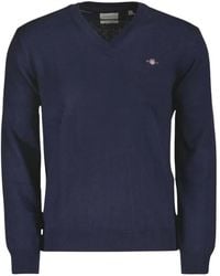 GANT - Truien & Vesten ,Blauw ,Katoen Katoen Wol V-Hals Trui - Lyst