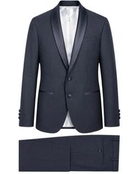 Paoloni - Kostuums ,Blauw ,Tweed Kostuum Met Sjaalkraag - Lyst