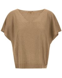 Herno - Truien & Vesten ,Bruin ,Polyester V-Hals Top Met Ruches Van Viscose - Lyst