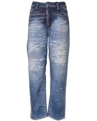 DSquared² - Tattered Cotton Mid Waist Straight Denim Jeans - Lyst