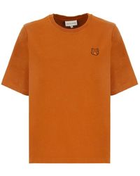 Maison Kitsuné - T-shirt in cotone marrone con patch logo - Lyst