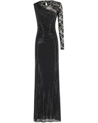 Self-Portrait - Kleedjes ,Zwart ,Polyester Maxi-Jurk Met Strass- En Kanten Mouwen - Lyst