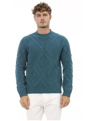 Alpha Studio - Teal merino wool crewneck sweater - Lyst