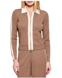 Elisabetta Franchi - Truien & Vesten ,Bruin ,Gebreid Jasje Met Glanzende Viscose Banden - Lyst
