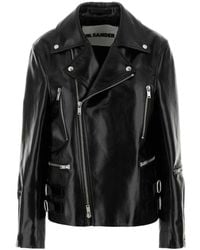 Jil Sander - Jassen ,Zwart ,Leer Stijlvolle Zwarte Leren Jas - Lyst