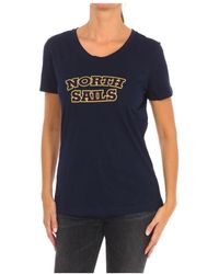 North Sails - Tops ,Blauw ,Katoen T-Shirt Met Korte Mouwen En Geribbelde Hals - Lyst