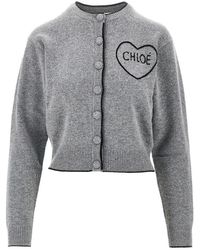 Chloé - Truien & Vesten ,Grijs ,Wol Cardigan Van Wol En Kasjmier Met Logoborduursel - Lyst