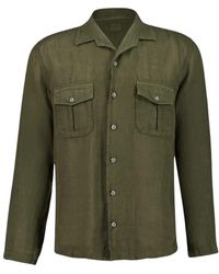 120% Lino - Overhemden ,Groen ,Linnen Militair Groen Linnen Overhemd Met Zakken - Lyst