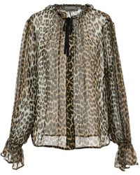 Ganni - Blouse Met Luipaardprint En Strikdetail - Lyst