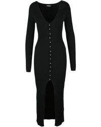 Dondup - Kleedjes ,Zwart ,Polyester Lange Geribbelde Jurk Met Knoopdetails - Lyst