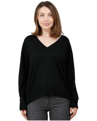 Alpha Studio - Truien & Vesten ,Zwart ,Kasjmier V-Hals Gebreide Top Met Lange Mouwen Met Moerbeizijde En Kasjmier Detail - Lyst