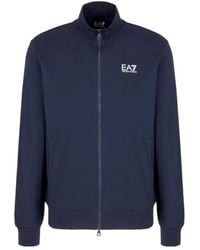 EA7 - Blauwe Katoenen Trui Met Rits Zakken - Lyst