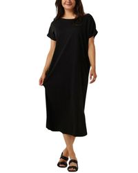 Minus - Kleedjes ,Zwart ,Boat Neck Short Sleeve Midi Jurk - Lyst