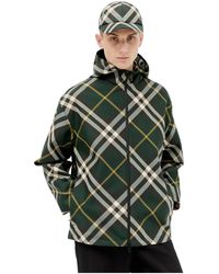 Burberry - Jassen ,Groen ,Polyester Geruite Jas Met Capuchon - Lyst