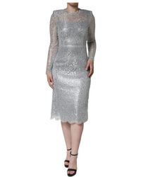 Dolce & Gabbana - Silbernes blumenspitzen sheath midi kleid - Lyst