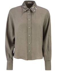 Brunello Cucinelli - Overhemden ,Groen ,Linnen Linnen Blouse Met Kraag Met Paillettenborduursel - Lyst