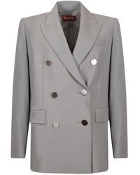 Max Mara - Jassen ,Grijs ,Wol Dubbelbreasted Satijnen Wollen Blazer - Lyst