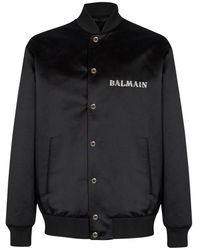 Balmain - Jassen ,Zwart ,Polyester Satin Bomberjack Met Galaxy Borduursel - Lyst