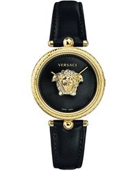 Versace - Accessoires ,Veelkleurig ,Palazzo Zwarte Leren Horloge - Lyst