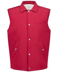 Brunello Cucinelli - Jassen ,Rood ,Polyester Button-Up Waterafstotend Geweven Vest - Lyst