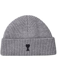 Ami Paris - Accessoires ,Grijs ,Wol Ribbed Wool Beanie - Lyst