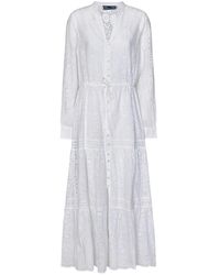 Polo Ralph Lauren - Weiße v-ausschnitt kleid mit kordelzug taille - Lyst