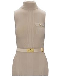 Elisabetta Franchi - Gerippter Ärmelloser Rollkragenpullover Mit Gürtel - Lyst