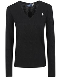 Polo Ralph Lauren - Zwarte Kabel Gebreide V-Hals Trui - Lyst