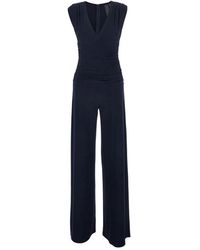 Norma Kamali - Jumpsuits & Playsuits ,Blauw ,Polyester V-Neck Shirred Jumpsuit - Lyst