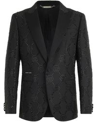 Philipp Plein - Jassen ,Zwart ,Wol Wollen Blazer Met Satijnen Details Monogram - Lyst
