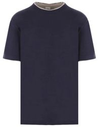 Eleventy - Blaues baumwoll-t-shirt mit beigen doppelschichtkanten - Lyst