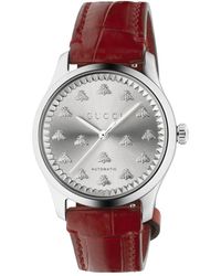 Gucci - Accessoires ,Bruin ,32 Mm Stalen Kast, Zon Geborstelde Wijzerplaat Met Bijen, Rode Gekleurde Alligator Band - Lyst