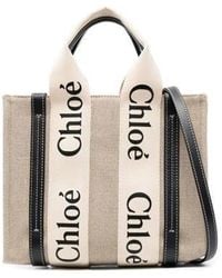 Chloé - Linnen/Leren Logo-Print Schoudertas - Lyst