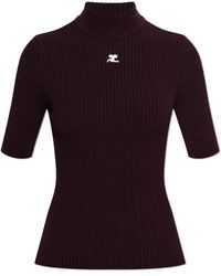 Courreges - Truien & Vesten ,Rood ,Polyester Geribbelde Top Met Col - Lyst