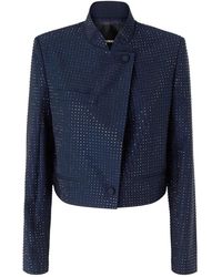 Pinko - Jassen ,Blauw ,Leer Cropped Blazer Met Tonaal Strass - Lyst