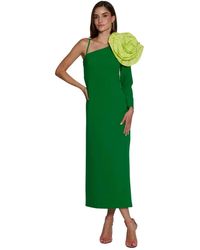 Moskada - Kleedjes ,Groen ,Asymmetrische Groene Crepe Midi Jurk Met Bloemdetail - Lyst