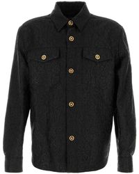Versace - Overhemden ,Zwart ,Wol Zwarte Luipaardpatroon Jas - Lyst