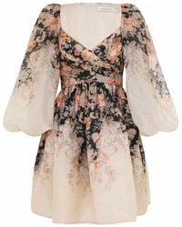 Zimmermann - Kleedjes ,Veelkleurig ,Linnen Gebloemde Mini-Jurk Met Drapering - Lyst