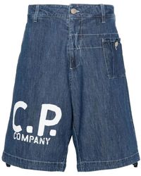 C.P. Company - Blaue denim-logo-print-shorts mit kordelzug - Lyst