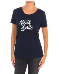 North Sails - Tops ,Blauw ,Katoen T-Shirt Met Korte Mouwen En Geribbelde Halslijn - Lyst